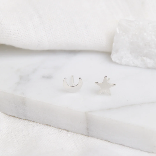 Moon and Star Studs in Silver